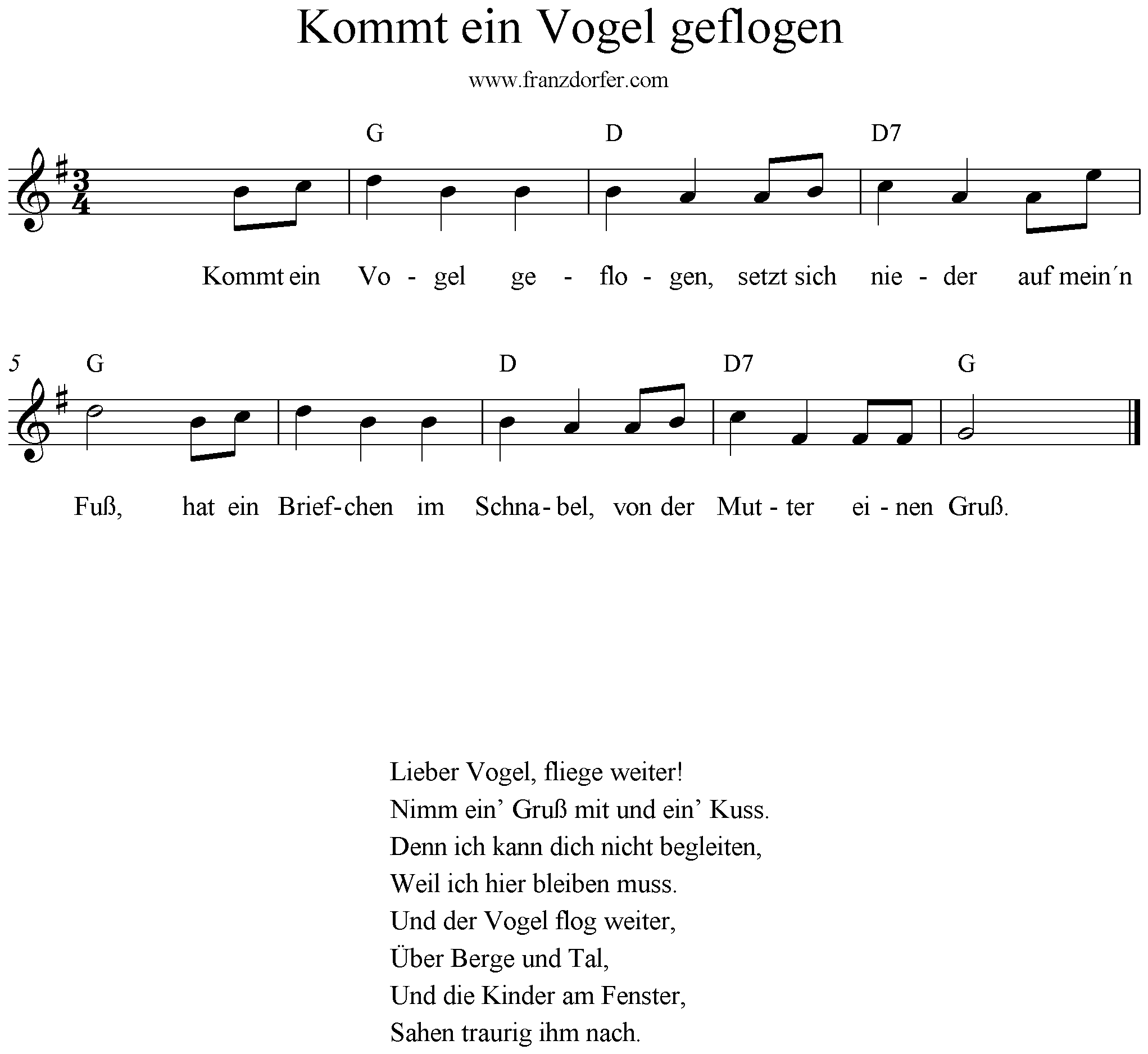 sax noten- Kommt ein Vogel geflogen